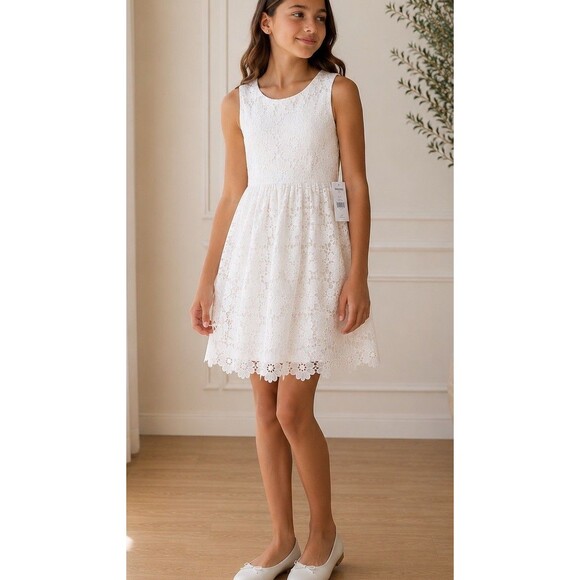 Kensie Girl Other - Kensie Girls White Floral Lace Fit Flare Dress Sleeveless Easter Party Size 16